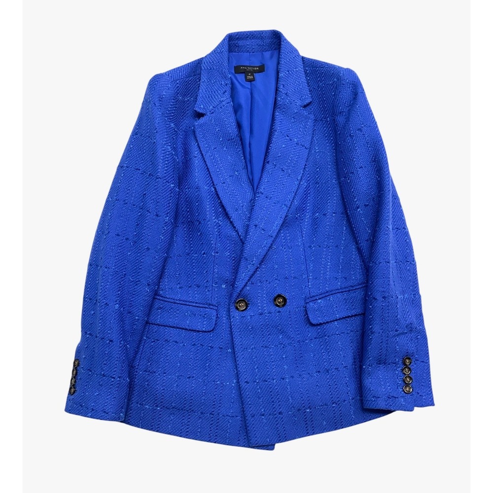 Ann Taylor 6P Royal Blue Boucle Windowpane Double Breasted Blazer Suit Jacket